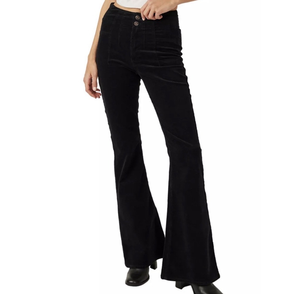 Free People Women's Jayde Corduroy Flare Pants Sz 28 Black Button Zip Closure